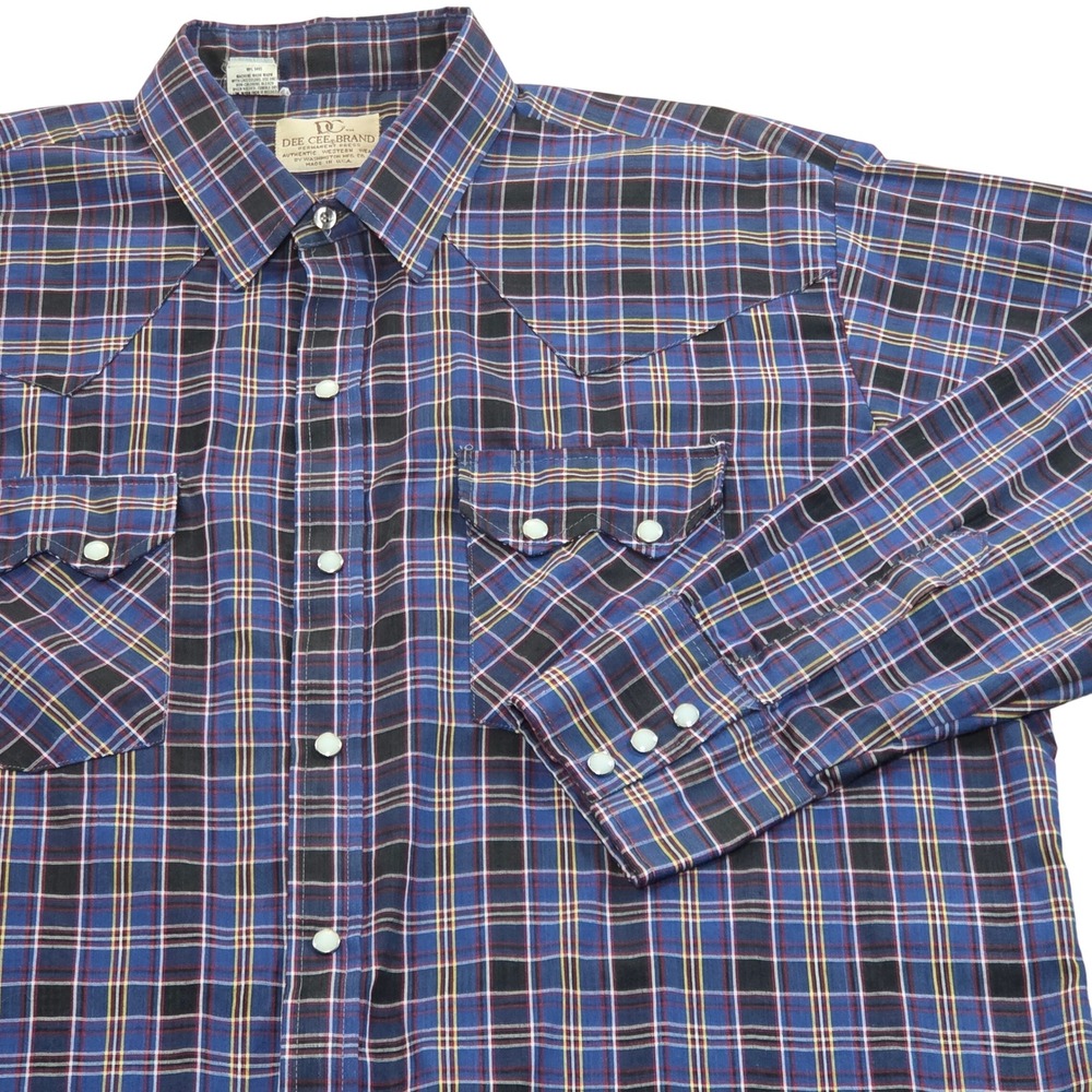 Dee Cee‎ Brand Western Plaid Shirt Mens XL 17.5-35 Long Sleeve Pearl Snap Blue